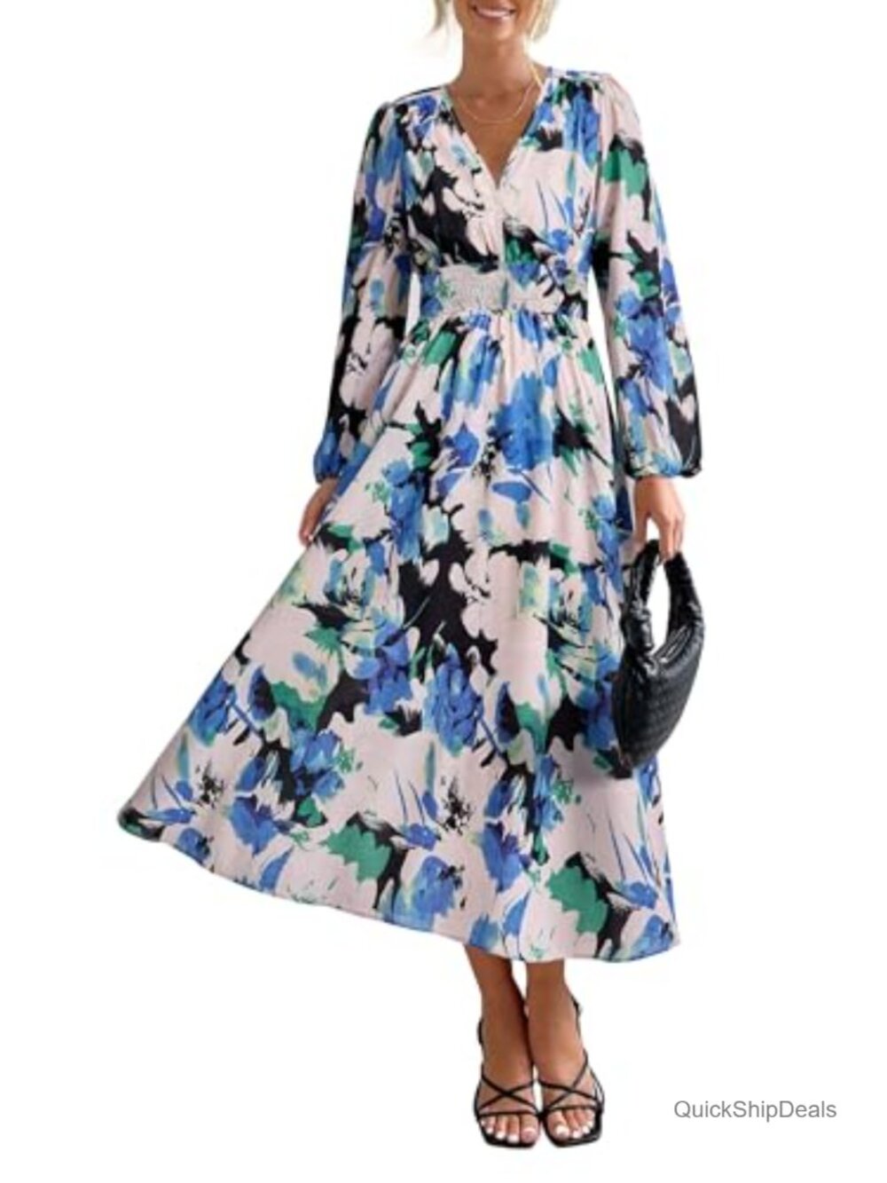 Women's Boho Floral V-Neck Long Puff Sleeve Midi Dress A-Line Flowy